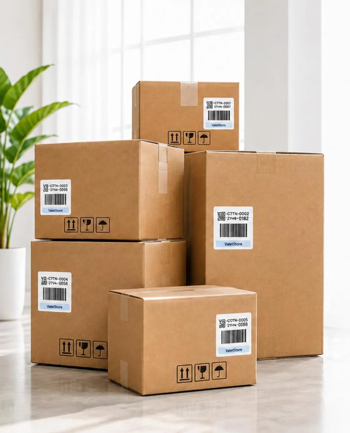 Sealed cartons with QR-coded ValetStore labels stacked in a bright room.