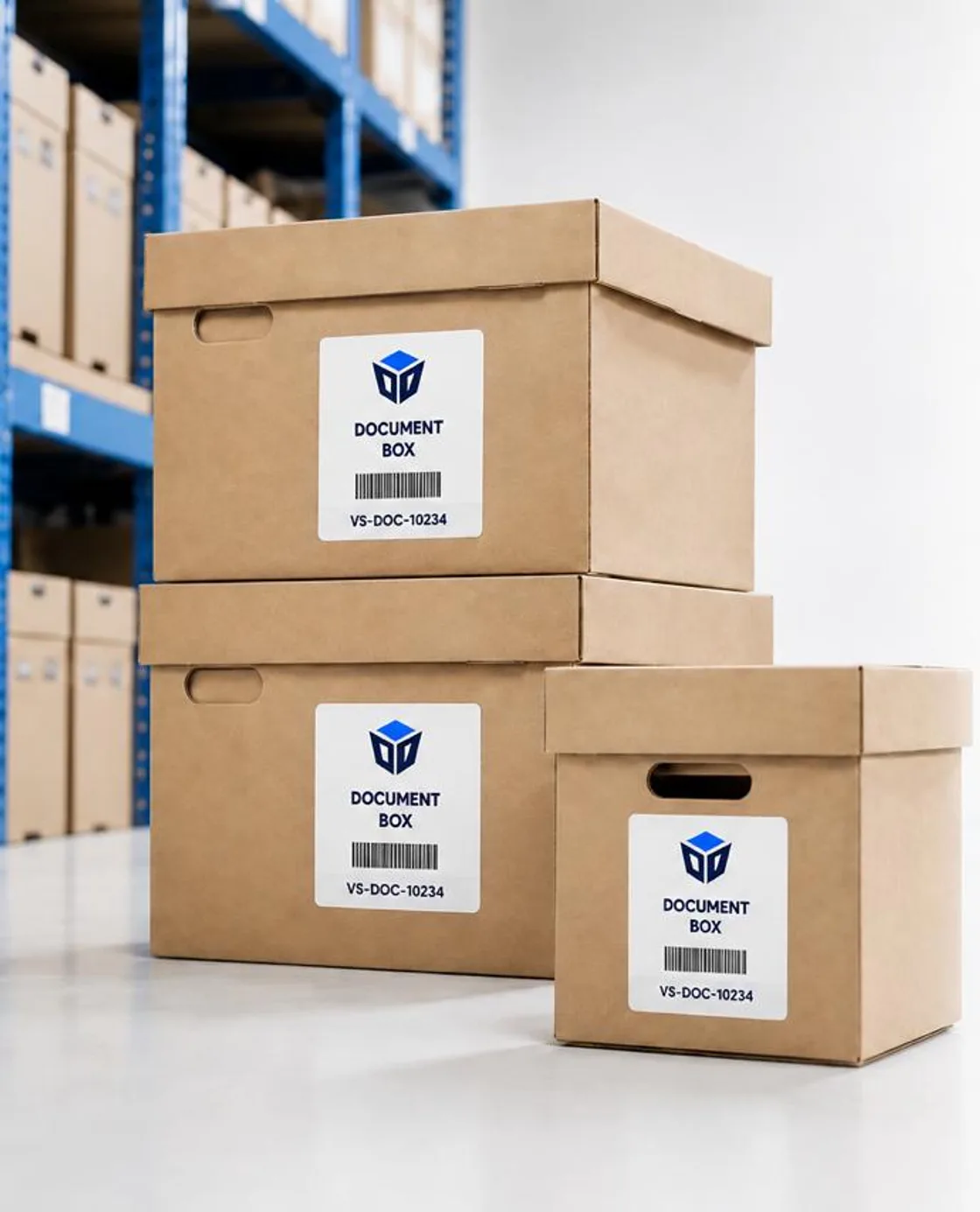 Labelled ValetStore archive boxes stacked in a document storage warehouse.