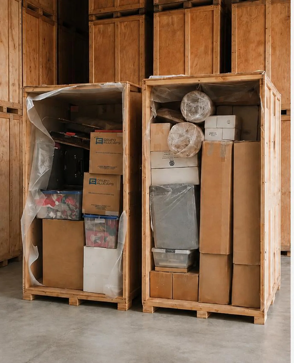 Two timber liftvan crates packed with household furniture and boxes.