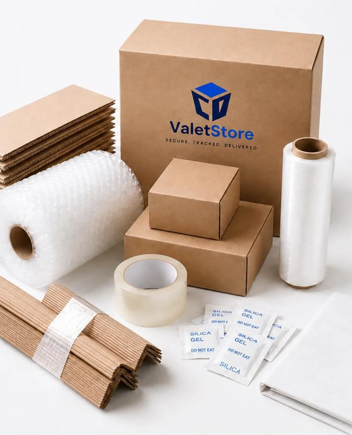 Cartons, bubble wrap, tape, stretch film, and silica gel laid out on a white surface.