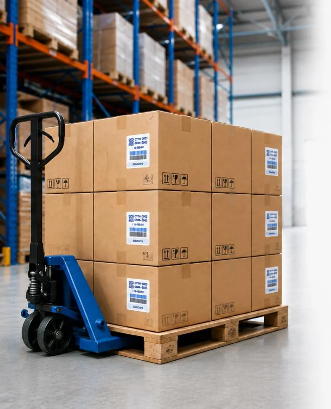 A pallet of labelled cartons on a hand pallet truck in a racked warehouse.